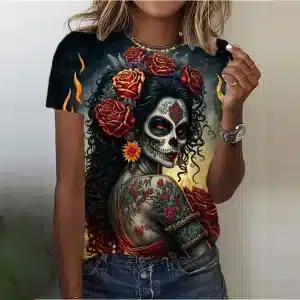 Fiery Tattooed Sugar Skull Lady Badass Women's T-Shirt