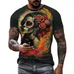 Flaming Calavera Lady Sugar Skull Rose Men’s T-Shirt