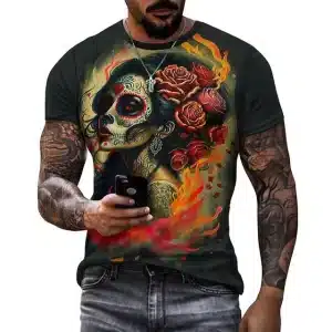 Flaming Calavera Lady Sugar Skull Rose Men’s T-Shirt