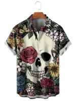 Floral Rose Skull Art Button Up Men’s Hawaiian Shirt