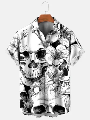 Floral Skull Ink Horror Art Men’s Hawaiian Shirt