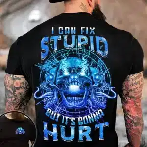 Funny I Can Fix Stupid Skull Blue Flame Men's T-Shirt