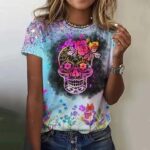 Galactic Floral Skull Glitter Print Women's T-Shirt