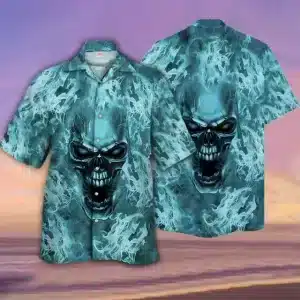 Ghostly Skull Flame Print Blue Men’s Hawaiian Shirt