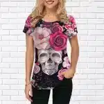 Gothic Pink Floral Rose Sugar Skull Women's T-Shirt