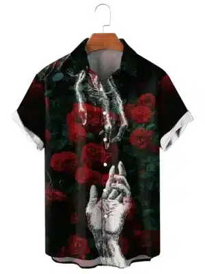 Gothic Red Rose Skeleton Hands Men’s Hawaiian Shirt