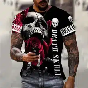 Gothic Romance Red Rose Death Skull Men’s T-Shirt