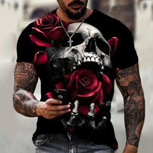 Gothic Rose Skull Monochrome Art Men’s T-Shirt