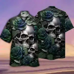 Gothic Silver Skull Midnight Roses Men’s Hawaiian Shirt