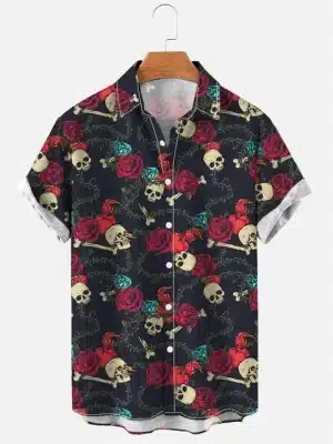 Gothic Skull Bones Rose Vine Men’s Hawaiian Shirt