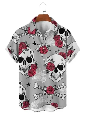 Gothic Skull Crossbones Red Rose Men’s Hawaiian Shirt