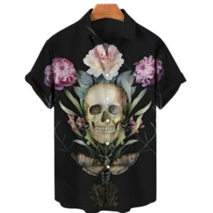 Gothic Skull Floral Moth Button Up Men’s Hawaiian Shirt