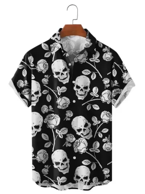 Gothic Skull White Rose Horror Men’s Hawaiian Shirt