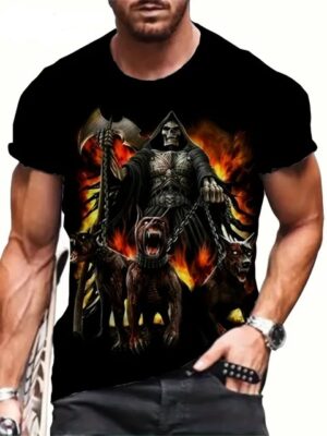 Grim Warrior Skeleton Hellhounds Fiery Men’s T-Shirt