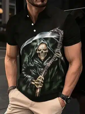 Grinning Reaper Red-Eyed Skeleton Men’s Polo Shirt