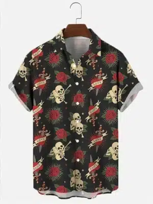 Love Heart Skull Pattern Button Up Men’s Hawaiian Shirt