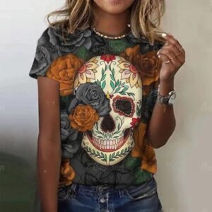 Monochrome Floral Rose Skull Art Gray Women's T-shirt