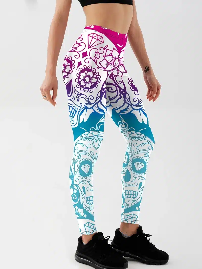 Ombre Floral Skull Print Pink & Blue Women's Leggings