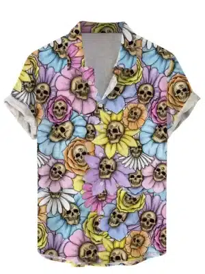 Pastel Floral Skull Art Button Up Men’s Hawaiian Shirt