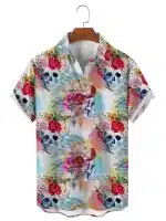 Pastel Paint Floral Skull Button Up Men’s Hawaiian Shirt