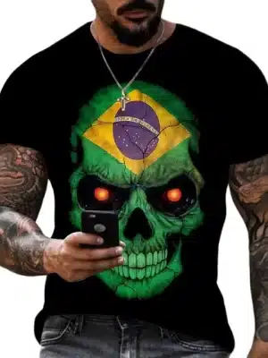 Patriotic Power Brazilian Flag Green Skull Men’s T-Shirt