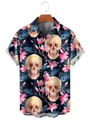 Peacock Feather Pink Floral Skull Men’s Hawaiian Shirt