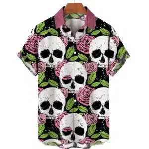 Pink Rose Floral Skull Gothic Men’s Hawaiian Shirt