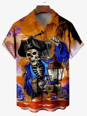 Pirate Captain Skeleton Lantern Men’s Hawaiian Shirt