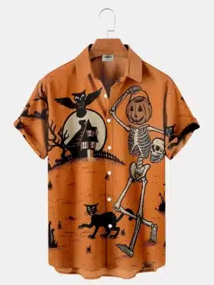 Pumpkin Skeleton Halloween Men’s Hawaiian Shirt