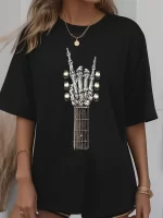 Punk Rock Skeleton Hand Guitar Gothic Women's T-Shirt