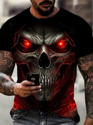 Red-Eyed Elderwood Skull Fiery Horror Men’s T-Shirt