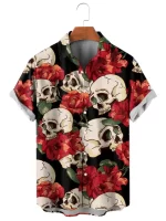 Red Peony Floral Skull Men’s Hawaiian Shirt