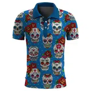 Red Rose Sugar Skull Pattern Blue Men’s Polo Shirt