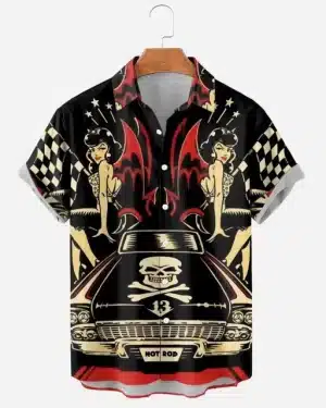 Retro Devil Pin-Up Hot Rod Skull Men’s Hawaiian Shirt