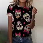 Ribonned Sugar Skull Pattern Black Women's T-Shirt