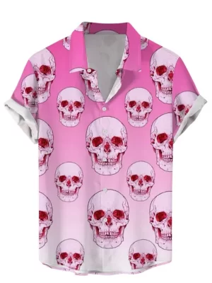 Rose-Eyed Skulls Pink Gradient Men’s Hawaiian Shirt