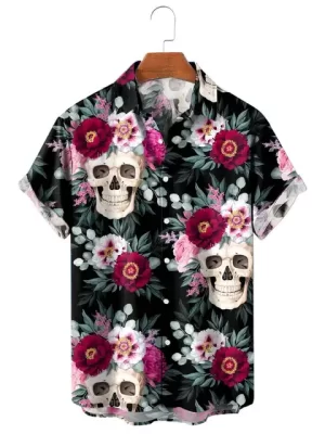 Skull Peony Floral Art Button Up Men’s Hawaiian Shirt