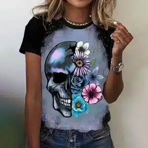 Starry Cosmic Floral Half Skull Gothic Women's T-Shirt