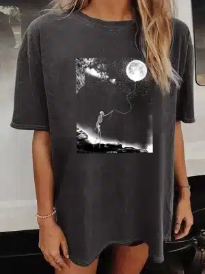 Starry Moon Balloon Skeleton Print Women's T-Shirt