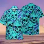 Teal Floral Skull Pattern Button Up Men’s Hawaiian Shirt