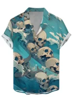 Tidal Wave Skulls Ocean Blue Men’s Hawaiian Shirt