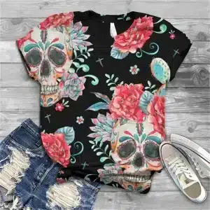 Tropical Floral Calavera Sugar Skull Women's T-Shirt