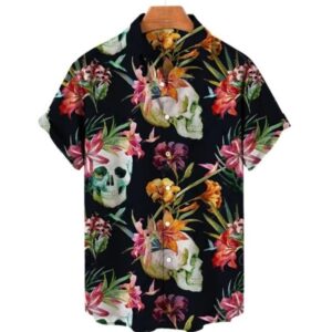 Tropical Floral Skull Button Up Men’s Hawaiian Shirt