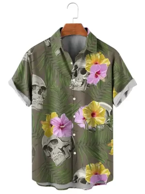 Tropical Hibiscus Skull Floral Men’s Hawaiian Shirt