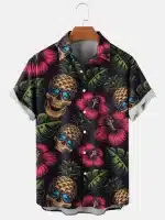 Tropical Pineapple Skull Button Up Men’s Hawaiian Shirt