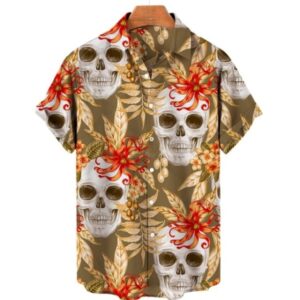 Tropical Red Floral Skull Horror Men’s Hawaiian Shirt