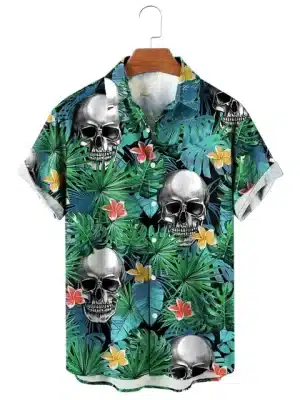 Tropical Skull Jungle Print Green Men’s Hawaiian Shirt