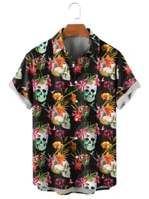 Tropical Skull Vibrant Floral Art Men’s Hawaiian Shirt