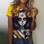 Vibrant Floral Dog Sugar Skull Lady Women's T-Shirt