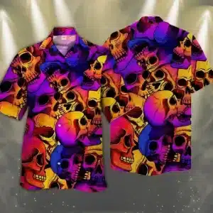 Vibrant Neon Skull Art Button Up Men’s Hawaiian Shirt